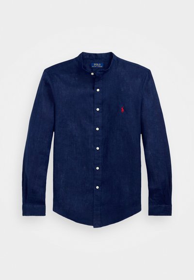 Navy blue linen shirt with a stand collar, long sleeves, button closure, and a small red embroidered logo on the chest.