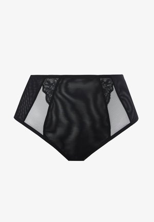 Black high-waisted brief made of sheer mesh with lace detailing at the front, featuring solid black panels and a smooth texture.