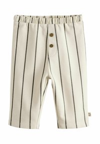 Pantaloni corti di colore chiaro realizzati in un tessuto morbido, con strisce verticali grigie, cintura elastica e due bottoni in legno sulla parte anteriore.