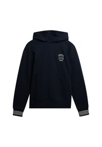 Felpa con cappuccio blu navy in misto cotone, dotata di tasca frontale, polsini a coste con strisce bianche e un piccolo logo sul petto.