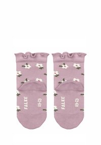 Fliederfarbene Knöchelsocken mit einem Rüschensaum, verziert mit kleinen Blumenmustern in Weiß und Grün, aus weichem, dehnbaren Stoff gefertigt.