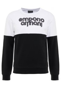 Black and white sweatshirt with a color-block design, featuring an embroidered "emporio armani" logo on the front and ribbed cuffs.