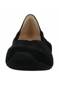 Schwarze Wildleder-Ballet-Pumps mit abgerundeter Zehenform, glattem Obermaterial, flexibler Gummisohle und minimalen Nähdetails.