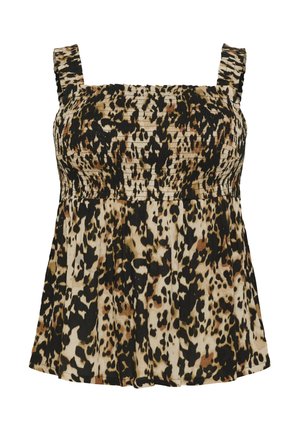 Top med leopardmönster som har ett smockat mönster, fyrkantiga axelband och en utsvängd silhuett i nyanser av svart, brunt och beige. Slät textur.
