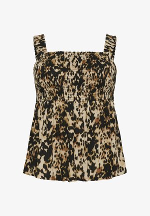 Top w motyw zwierzęcy w panterkę, z falbanowym wzorem, kwadratowymi ramiączkami i rozszerzanym krojem w odcieniach czerni, brązu i beżu. Gładka faktura.