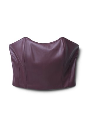 Corsetto top senza spalline in pelle bordeaux con cuciture strutturate e una finitura liscia, esibito su uno sfondo bianco.
