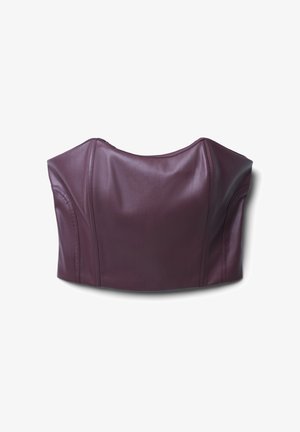 Corsetto top senza spalline in pelle bordeaux con cuciture strutturate e una finitura liscia, esibito su uno sfondo bianco.