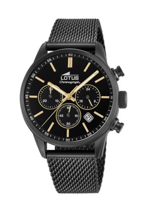 Montre chronographe en métal noir avec un cadran noir, des accents dorés, trois sous-compteurs et un bracelet en maille texturée. Présente une fenêtre de date à 6 heures.