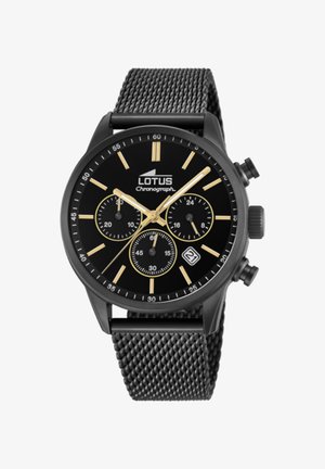 Reloj cronógrafo de metal negro con una esfera negra, acentos dorados, tres subesferas y una correa de malla texturizada. Presenta una ventana de fecha a las 6 en punto.