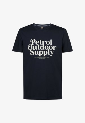 Navy blue cotton t-shirt with short sleeves featuring large white text that reads "Petrol Outdoor Supply" and additional text below.