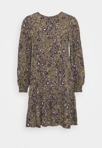 Kukka-aiheinen mekko, joka on valmistettu kevyestä kankaasta. Mekolla on oliivinvihreä pohja, jossa on violetteja ja vaaleanpunaisia abstrakteja kuvioita, pitkät puffihihat ja kerroksellinen helma.