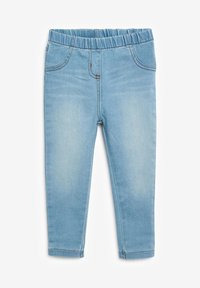 Svetlo modré denimové nohavice s hladkou textúrou, elastickým pásom a štandardnými vreckami, s vyblednutými oblasťami na látke pre opotrebovaný vzhľad.