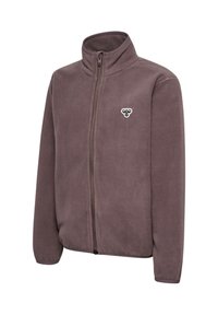 Fleecejacka i dämpad lila med hög krage och framzipper. Har en liten logotypaccent på vänster bröstområde. Mjuk textur.
