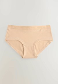Chiloți hipster din bumbac bej cu o textură netedă, talie elastică cu branding reliefat și design cu acoperire completă.