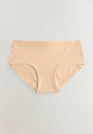 Braguitas hipster de algodón beige con una textura suave, cinturilla elástica con una marca en relieve y un diseño de cobertura total.