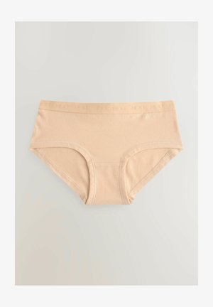 Beige puuvillased hipster aluspüksid sujuva tekstuuriga, elastse vöökoha, millel on reljeefne bränding, ja täis eest katva disainiga.