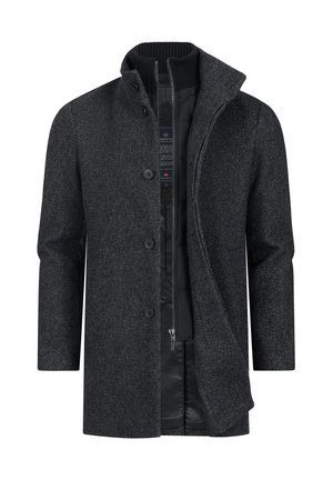 Cappotto a scacchi grigio scuro con collo rialzato, cinque bottoni, due tasche laterali e foderato con zip. Tessuto misto lana con una consistenza morbida.