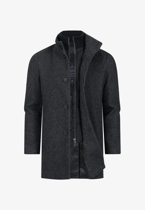 Donkergrijze houndstooth jas met een staande kraag, vijf knopen, twee zijzakken en een gevoerde voering met rits. Zachte, textuurgebonden wolmix stof.