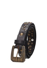 Zwarte leren riem met een gevlochten bronzen gesp, versierd met kleine metalen studs in messing, zilver en kopertinten langs de riem.