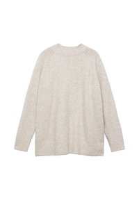 Beige gebreide trui met een ronde hals, geribde zoom en manchetten, en raglanmouwen. Zachte textuur met een ontspannen, oversized pasvorm.