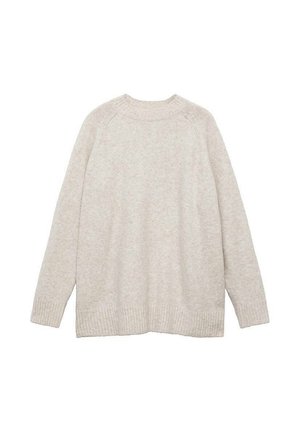 Beige gebreide trui met een ronde hals, geribde zoom en manchetten, en raglanmouwen. Zachte textuur met een ontspannen, oversized pasvorm.