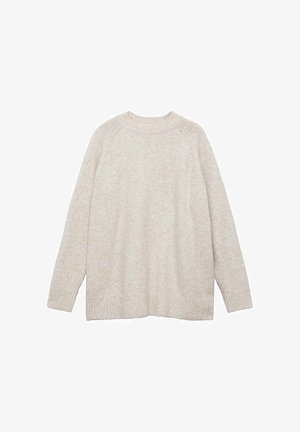 Beige gebreide trui met een ronde hals, geribde zoom en manchetten, en raglanmouwen. Zachte textuur met een ontspannen, oversized pasvorm.