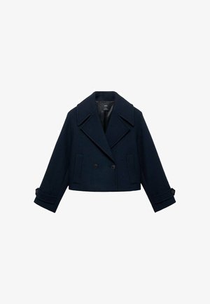Navy blue wool blend cropped peacoat featuring a double-breasted front, large lapels, twin side pockets, and buttoned sleeve details.