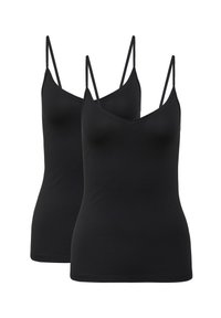 Zwei schwarze Spaghetti-Tops mit dünnen, verstellbaren Trägern, glattem Stoff und taillierter Form. V-Ausschnitt-Design, geeignet zum Druntertragen.