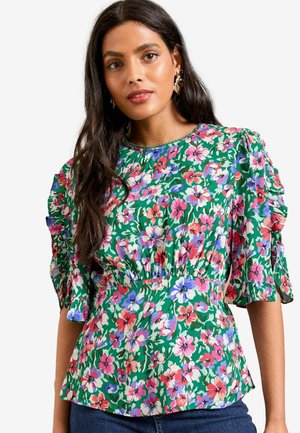 PRINTED RUFFLE DETAIL CREW NECK - Blouse - green floral