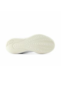 Sole di sneaker bianca con motivo a zigzag testurizzato; presenta un logo di marca prominente e una superficie liscia. Design complessivo elegante e minimalista.