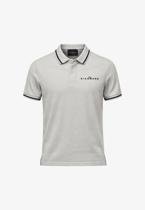 Polo grigio chiaro con bordatura nera su collo e maniche, patta con due bottoni e logo "John Richmond" sul petto a sinistra.