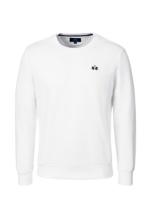 Witte trui met lange mouwen en ronde hals, met geribde boorden en zoom, met een klein donkerblauw logo op de linkerborst.