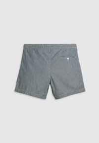 Pantaloni da bagno da uomo con motivo a righe blu e bianche, vita elasticizzata, tasca posteriore con bottone e tessuto morbido.