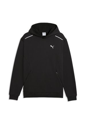 Sweat à capuche noir Puma avec logo blanc sur la poitrine, bandes blanches aux épaules, poches latérales zippées et manches longues avec poignets.