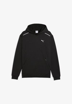 Sweat à capuche noir Puma avec logo blanc sur la poitrine, bandes blanches aux épaules, poches latérales zippées et manches longues avec poignets.