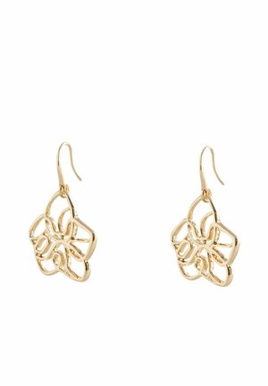 Gold floral earrings with an intricate openwork design, featuring curved patterns and a hook closure for secure wear.