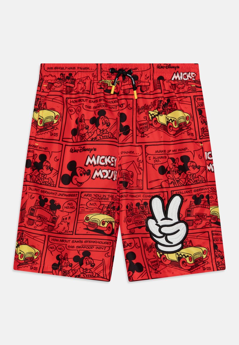 Červené plavky s komiksovým dizajnom postáv Mickey Mouse, bielym grafickým prvkom "peace" s rukou a sťahovacím pásom.