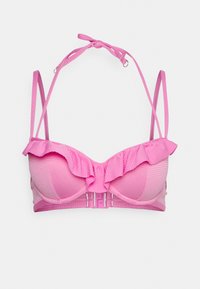 Top de biquíni rosa com tecido texturizado, remate emondulado, suporte com aros, alças ajustáveis e fecho frontal.