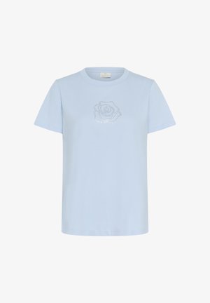 Tricou de culoare bleu deschis, fabricat din bumbac, cu un design de trandafir din strasuri argintii pe piept și un gât clasic rotund. Mâneci scurte.