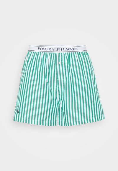 Zaļi un balti svītraini bokseršorti ar elastīgu jostu, uz kuras ir "POLO RALPH LAUREN" logo. Materiāls: mīksta kokvilnas maisījums.
