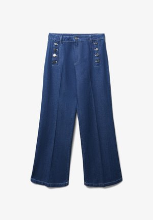 Hellebein-Denim-Hose in Dunkelblau, mit hohem Bund, silbernen Knopfakzenten und einer glatten Textur.