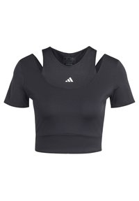 Svart atletisk crop top med korta ärmar, med ett lageravskuret snitt och rund halsringning samt Adidas-logotypen framtill. Slät textur.