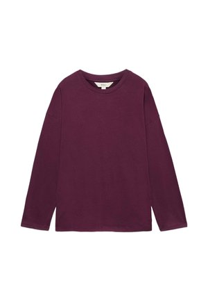 Langærmet sweatshirt med rund hals i solid mørk lilla uden mønstre eller synlige pynt.