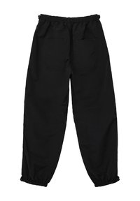 Zwarte elastische taillebroek met een comfortabele pasvorm, voorzien van gesnoerde boorden en twee achterzakken. Gemaakt van een lichte stof.
