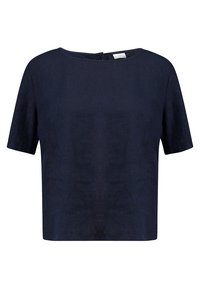 Námorně modrý zkrácený lněný top s krátkými rukávy, kulatým výstřihem a zapínáním na knoflík na zádech. Hladká textura s minimálními designovými detaily.