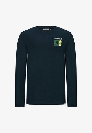 Marineblaues Langarmshirt mit Rundhalsausschnitt, das den Text "The Original Retour 1989" und ein grünes Quadrat-Logo auf der linken Brust zeigt.