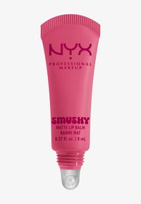Tube rose de baume à lèvres Matte Smushy de NYX, avec un embout souple, un texte en gras et une finition brillante. Contient 8 mL de produit.