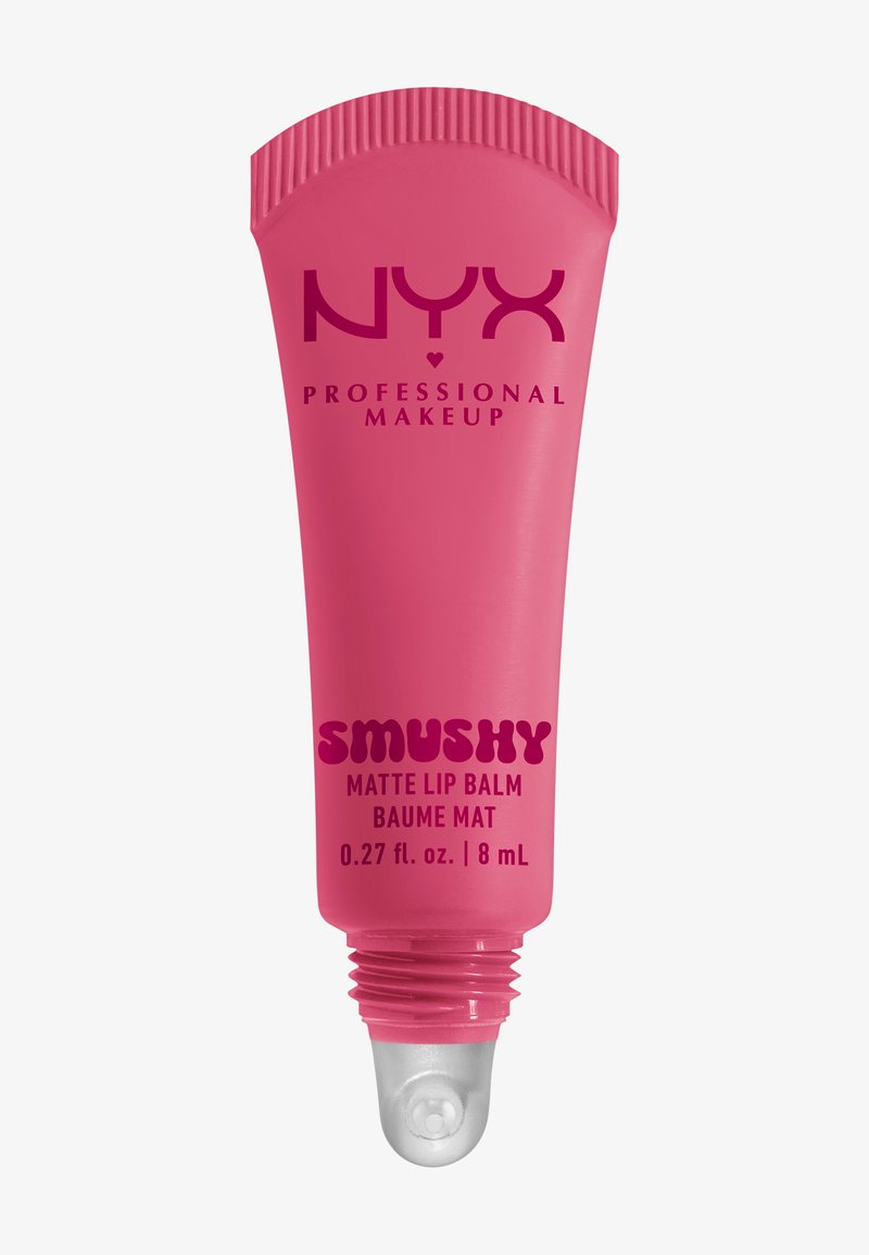 Rosa tub av NYX Smushy Matte Lip Balm, med en mjuk squeezenozzle, fet text och en glansig finish. Innehåller 8 mL av produkten.