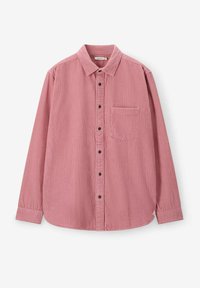 Rode corduroy overhemd met lange mouwen, knoopsluiting aan de voorkant en een enkele borstzak. Ribbelstructuur en afgeronde zoom. Zwarte knopen accentueren het ontwerp.