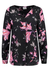 Czarna bluzka z długimi rękawami z kwiatowym wzorem w różowym i białym kolorze. Wykonana z lekkiego materiału, z kołnierzykiem i zapięciem na guziki.